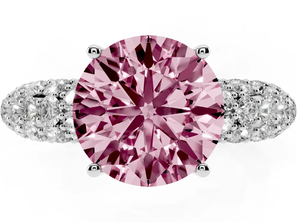 Fancy Pink Round Cut Diamond Pavé Band Solitaire Ring with Four-Prong Setting Silver