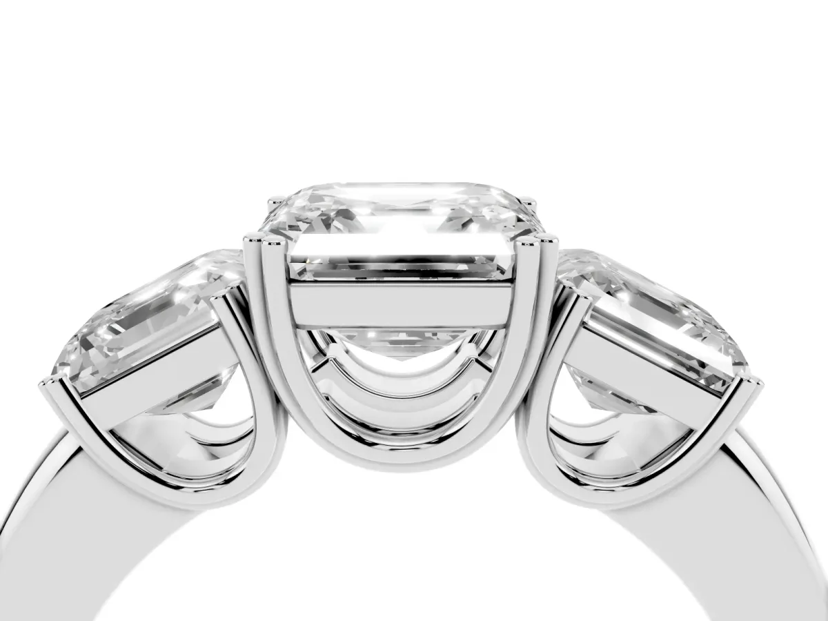 Three-Stone Asscher Cut Cut Diamond Ring with Channel Set Band and Four-Prong Setting Silver