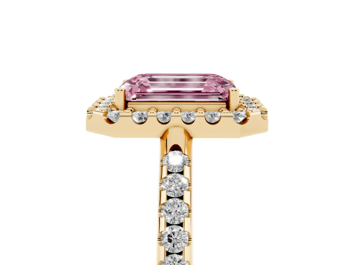 Fancy Pink Emerald Cut Diamond Pavé Halo Ring with Four-Prong Setting Yellow gold