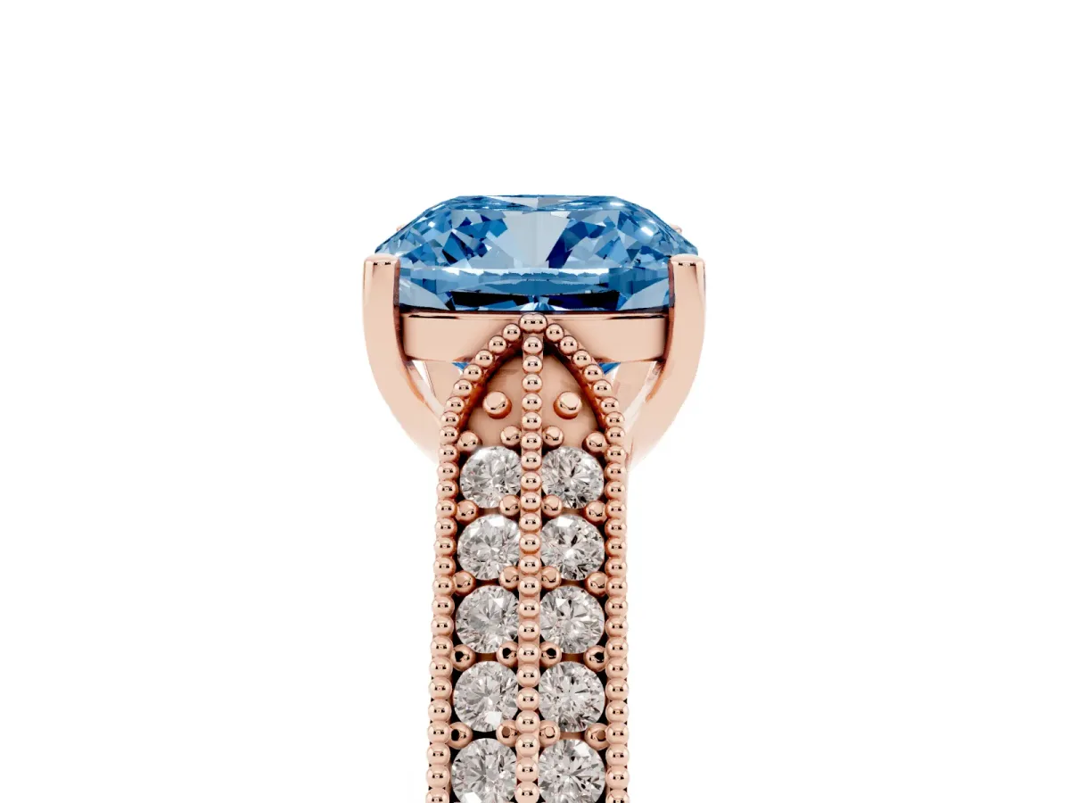Fancy Blue Cushion Cut Cut Pave Split Shank Engagement Ring with Four-Prong Setting Rose gold