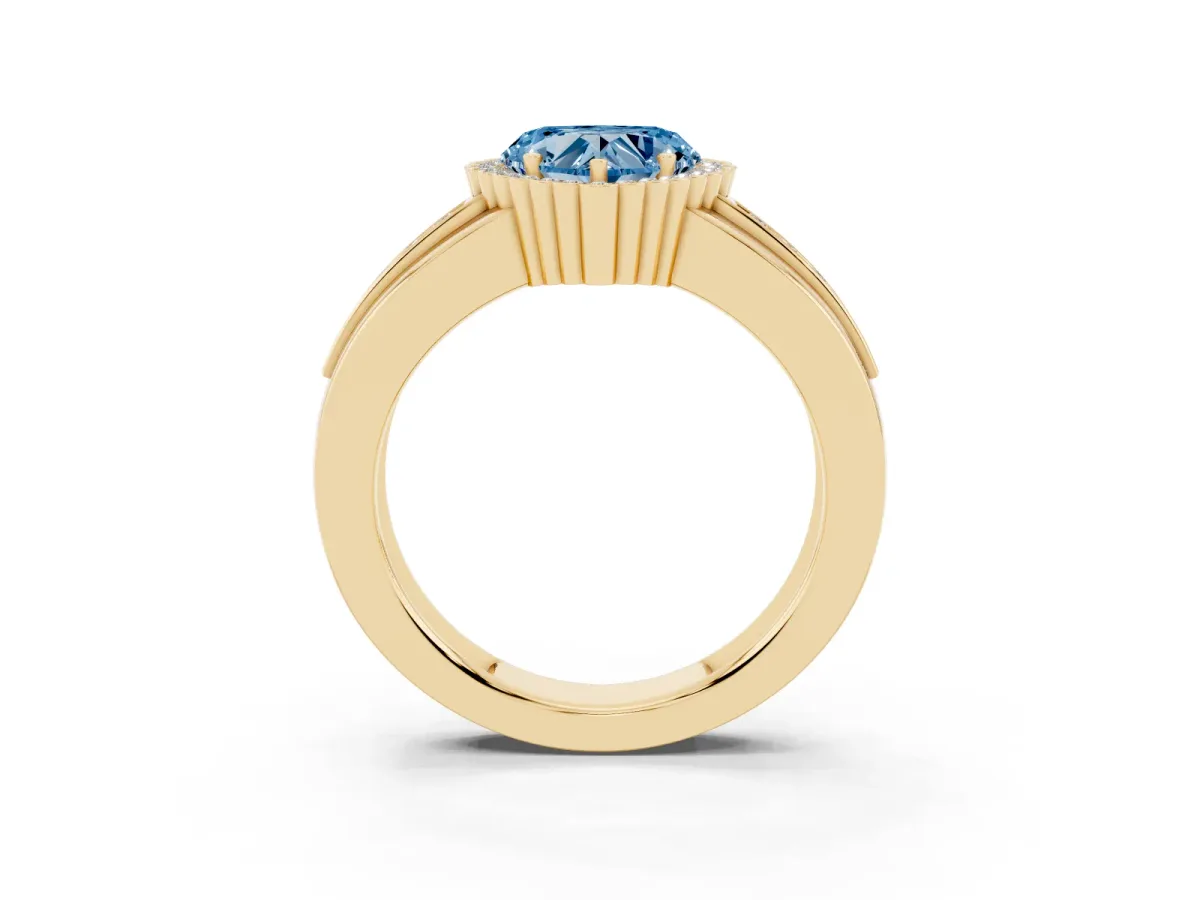 Fancy Blue Heart Cut Cut Halo Pave Band Four-Prong Ring Yellow gold