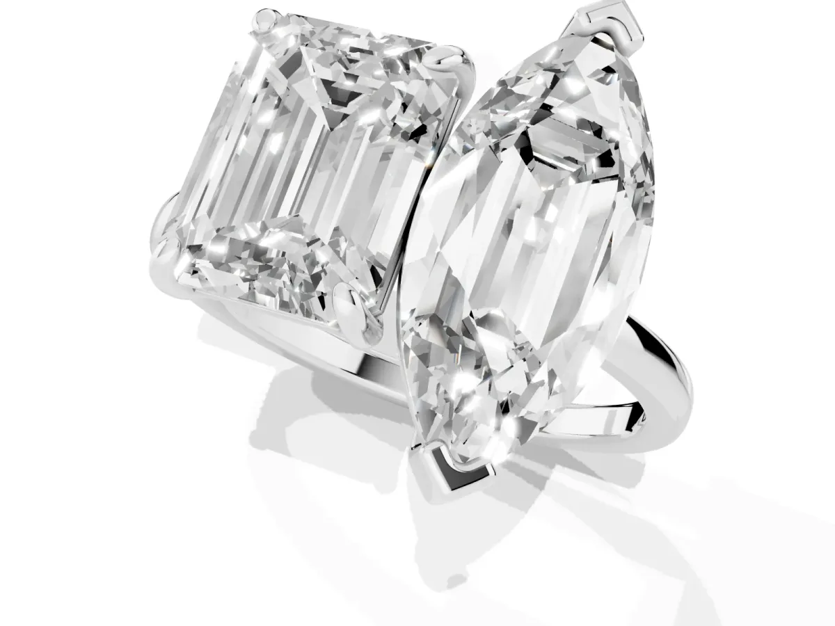Emerald and Marquise Toi Moi Ring with Prong Setting and Plain Band Platinum