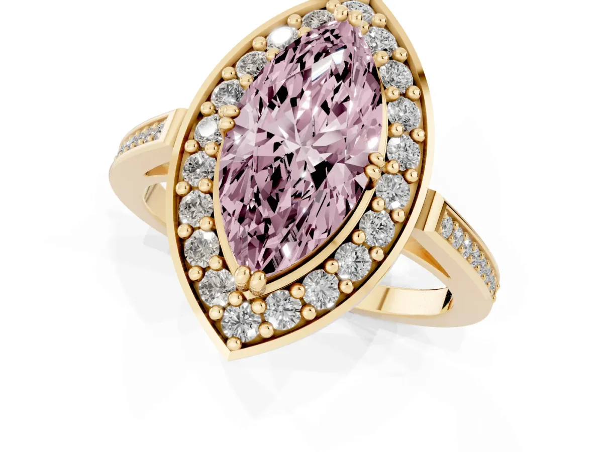 Fancy Pink Marquise Cut Diamond Halo Ring with Split Shank and Four-Prong Setting Yellow gold