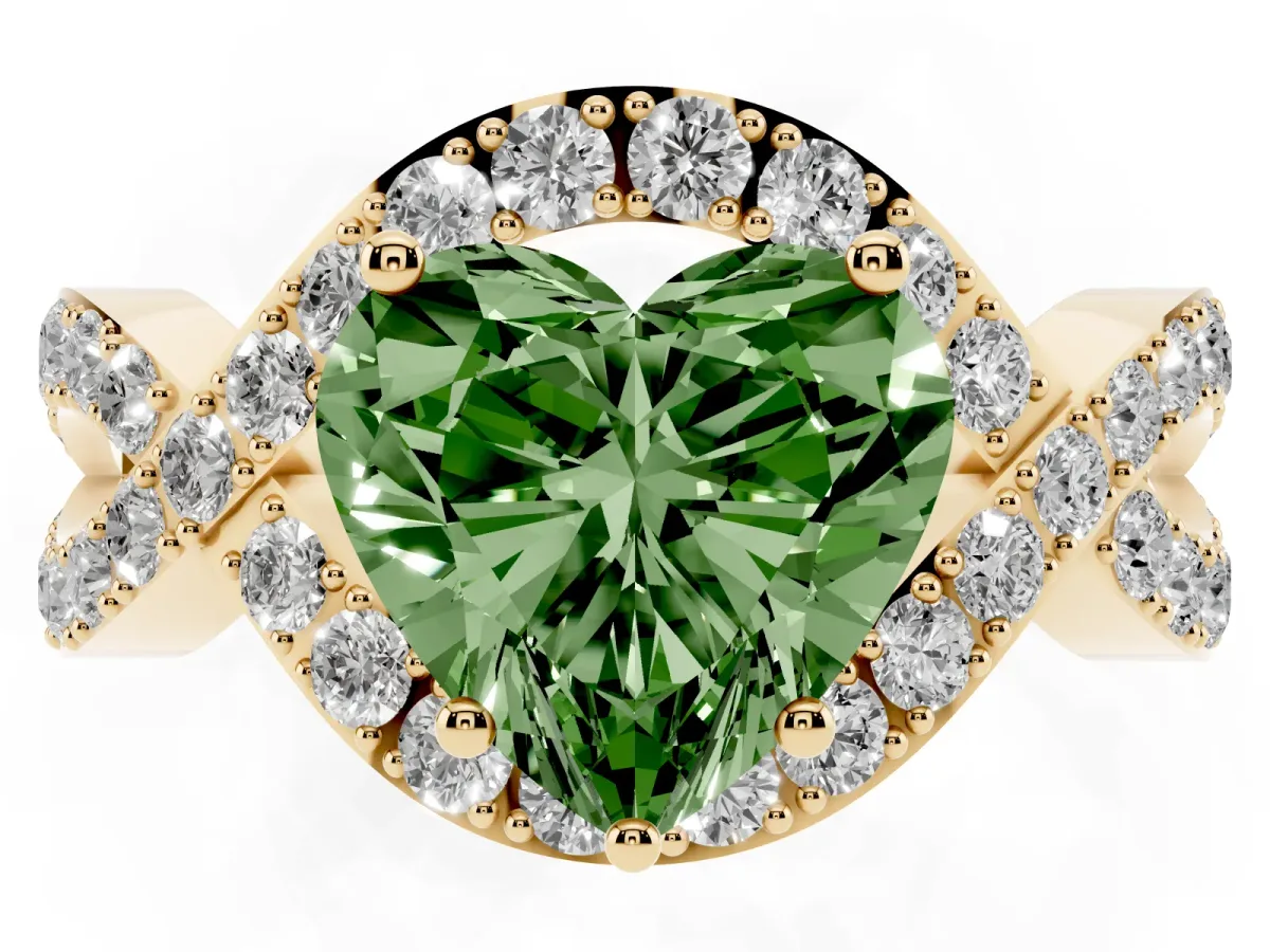 Fancy Green Heart Cut Solitaire Twist Band Pavé Diamond Engagement Ring Yellow gold