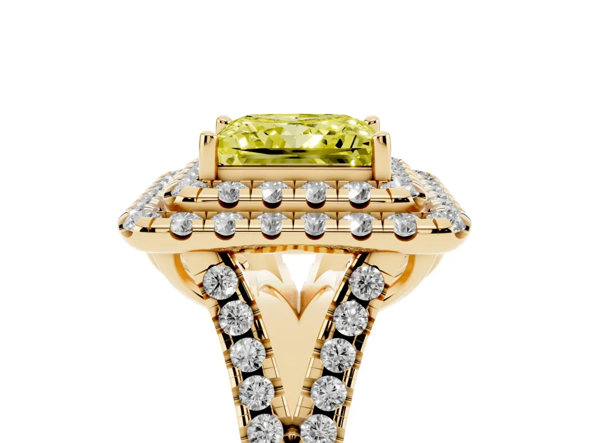 Fancy Yellow Double Halo Princess Cut Diamond Pavé Split Shank Ring with Prong Setting Yellow gold