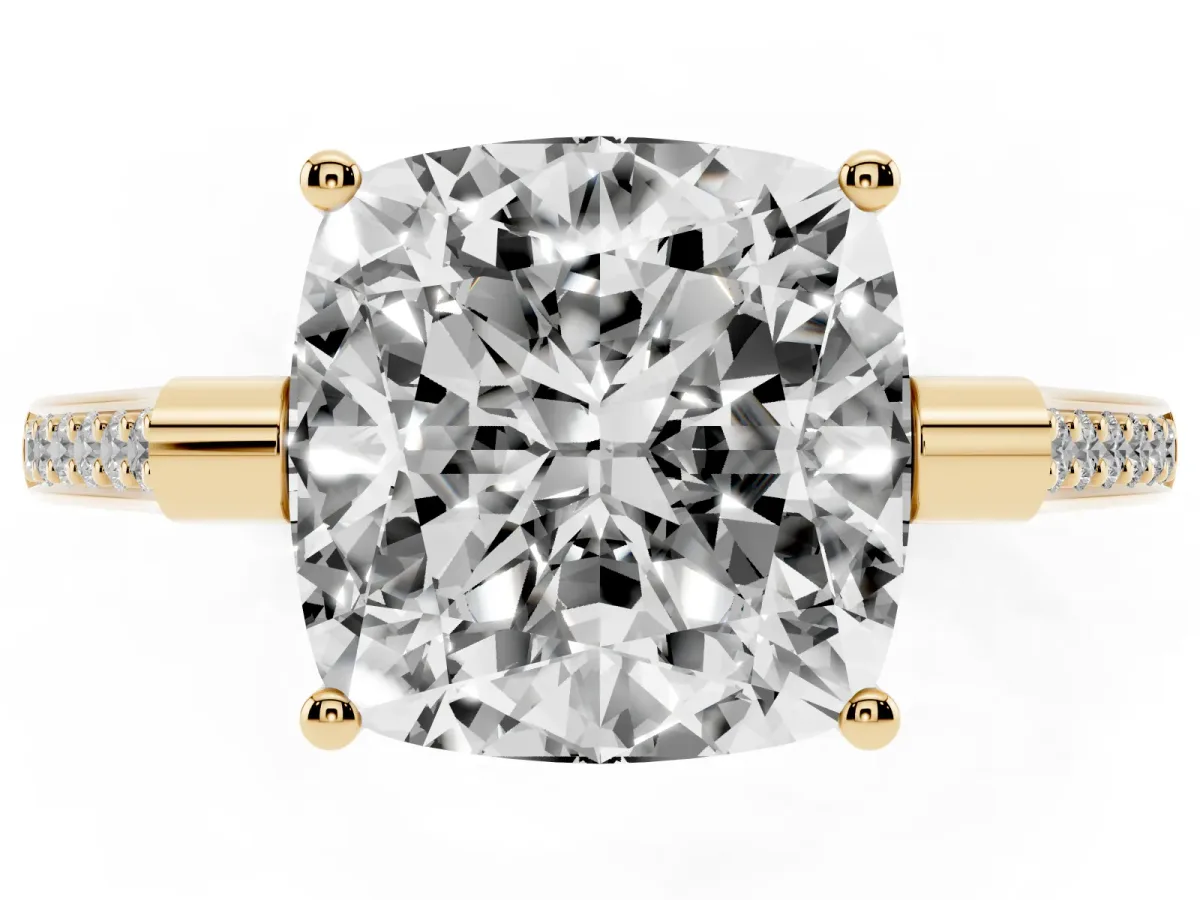 Cushion Cut Solitaire Diamond Ring with Channel Set Band and Bezel Prong Setting Yellow gold