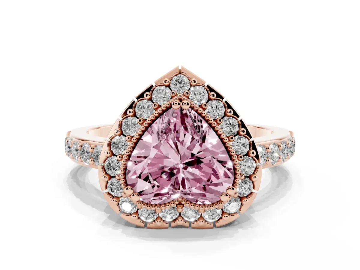 Fancy Pink Heart Cut Diamond Halo Ring with Pavé Band and Prong Setting Rose gold