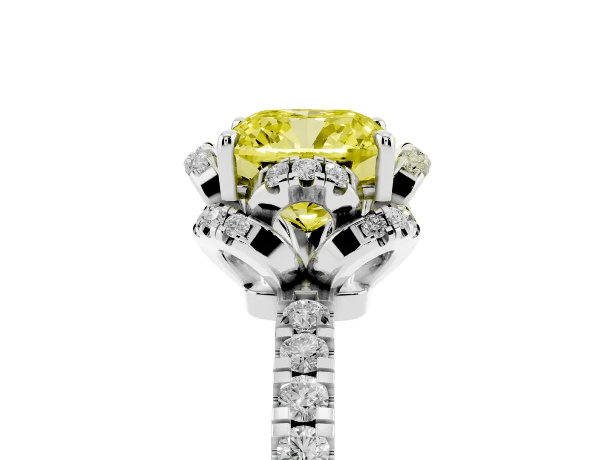Fancy Yellow Cushion Cut Diamond Halo Pave Band with Four-Prong Setting Platinum