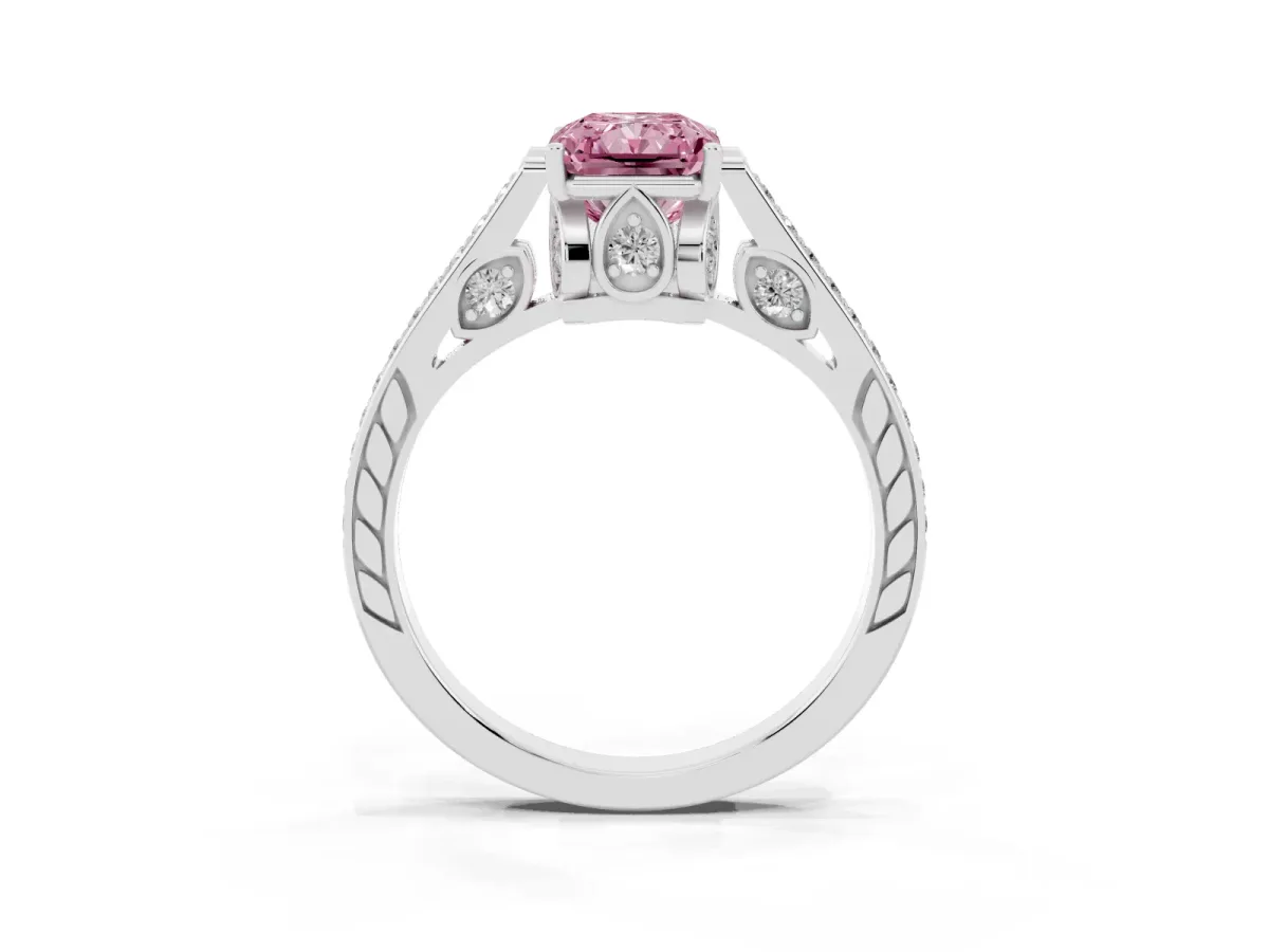 Fancy Pink Radiant Cut Cut Cathedral Pave Diamond Engagement Ring with Six-Prong Setting Platinum