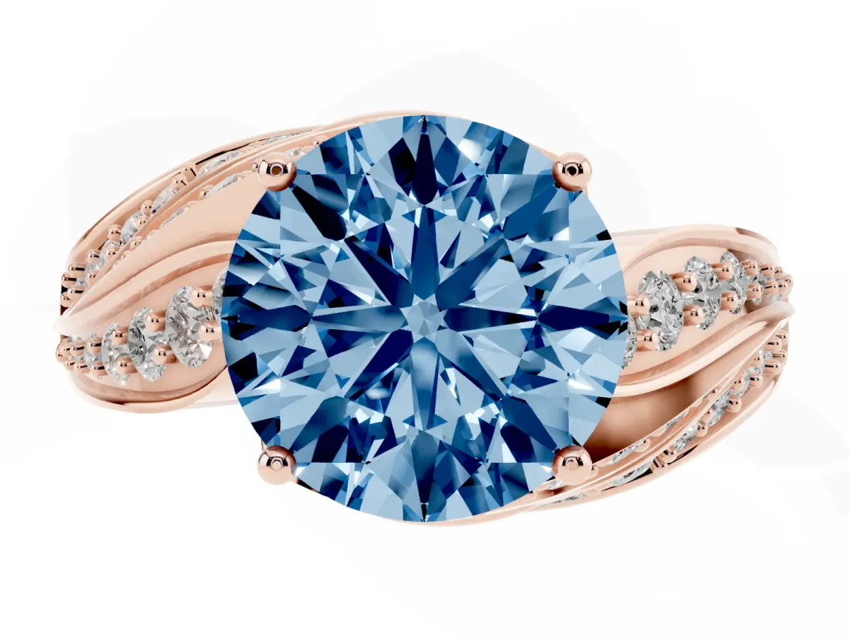 Fancy Blue Round Cut Diamond Solitaire Ring with Prong Setting and Twisted Pavé Band Rose gold