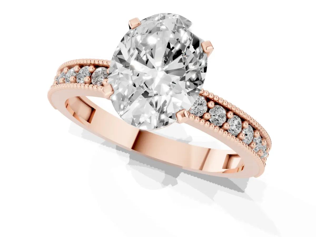 Oval Cut Diamond Milgrain Pavé Engagement Ring with Four-Prong Setting Rose gold