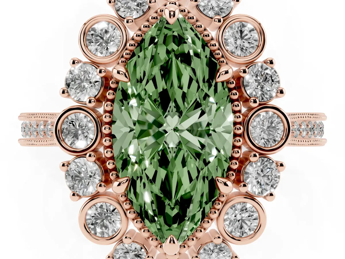 Fancy Green Marquise Cut Halo Milgrain Pave Diamond Ring with Four-Prong Setting Rose gold
