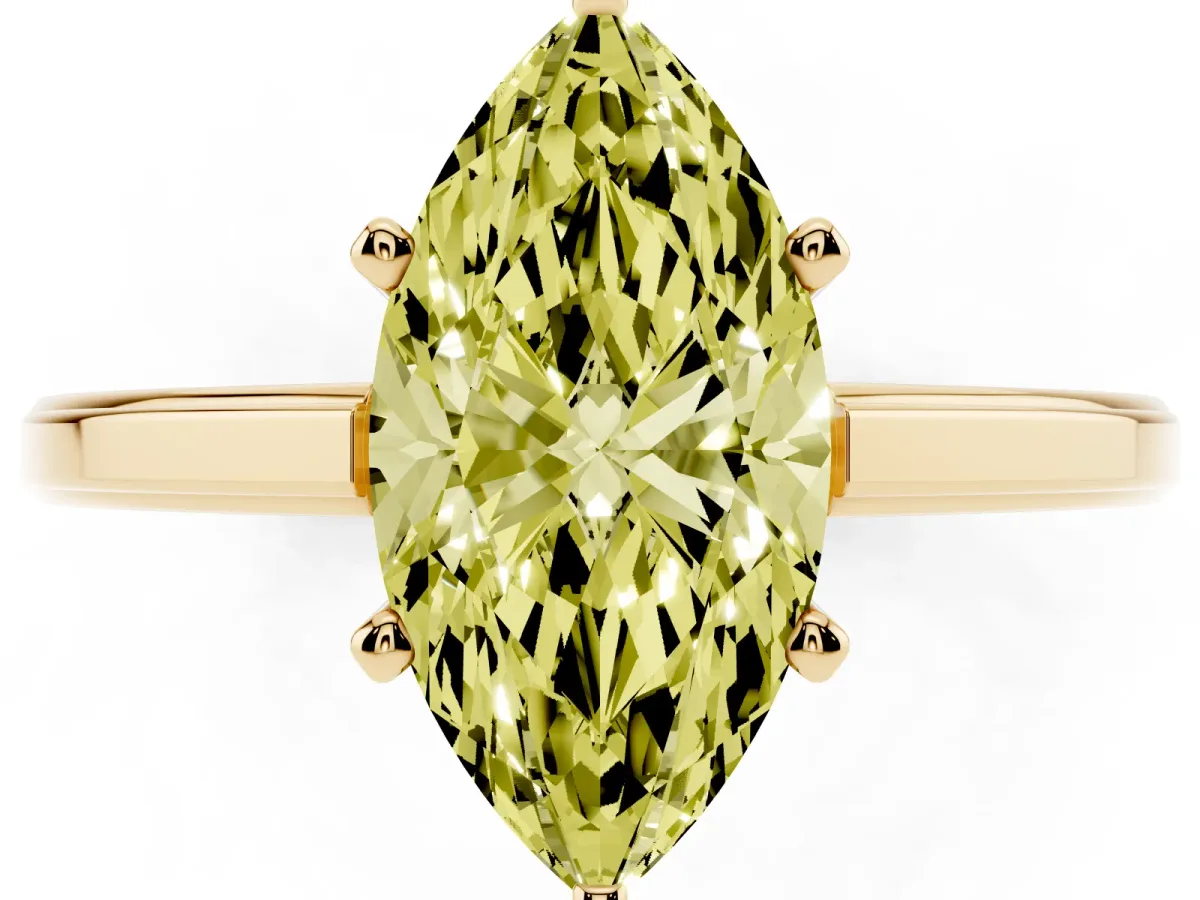 Fancy Yellow Marquise Cut Solitaire Diamond Ring with Four-Prong Setting and Classic Band Yellow gold