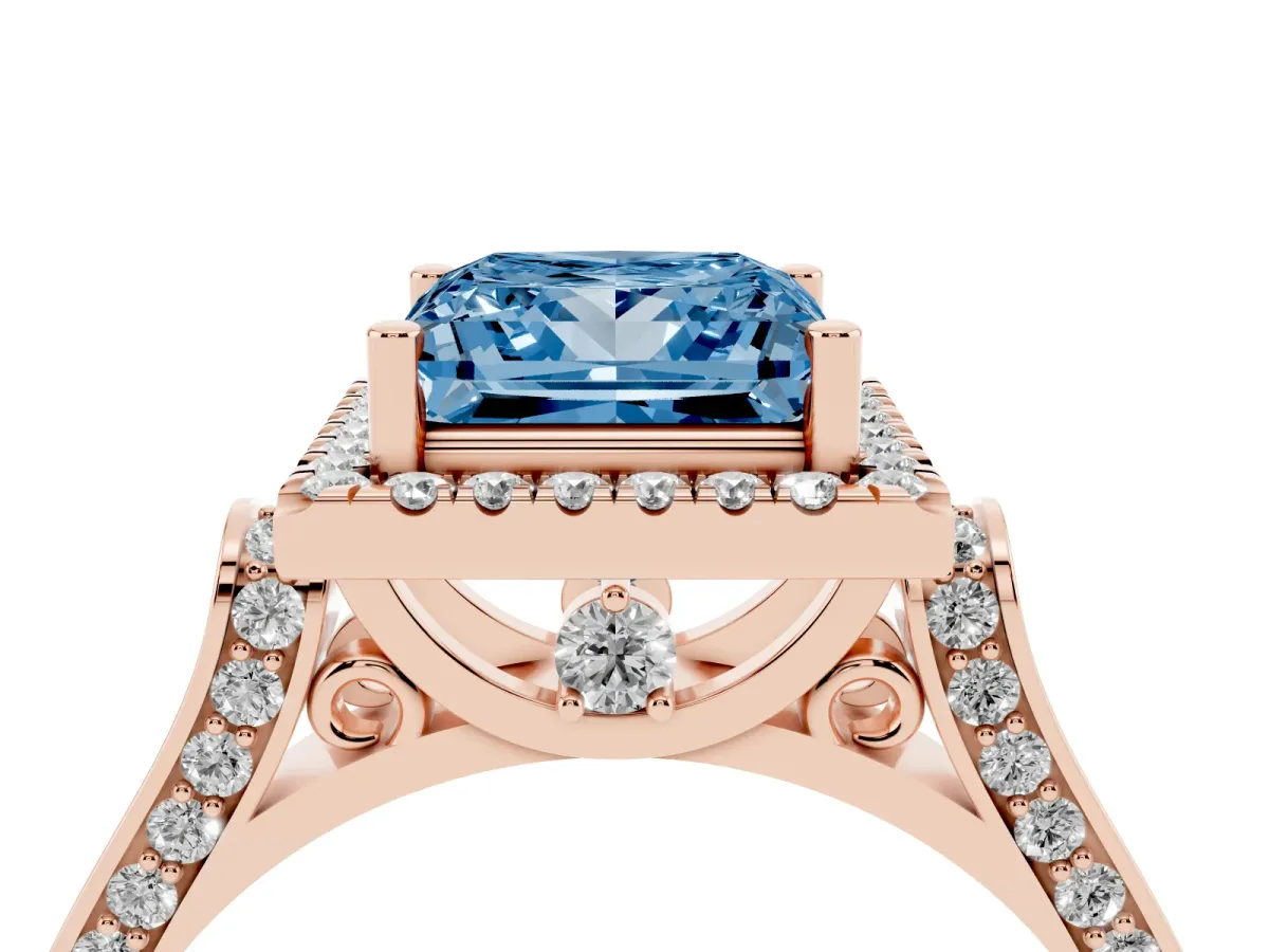 Fancy Blue Princess Cut Halo Round Diamond Twist Band with Four-Prong Setting Rose gold