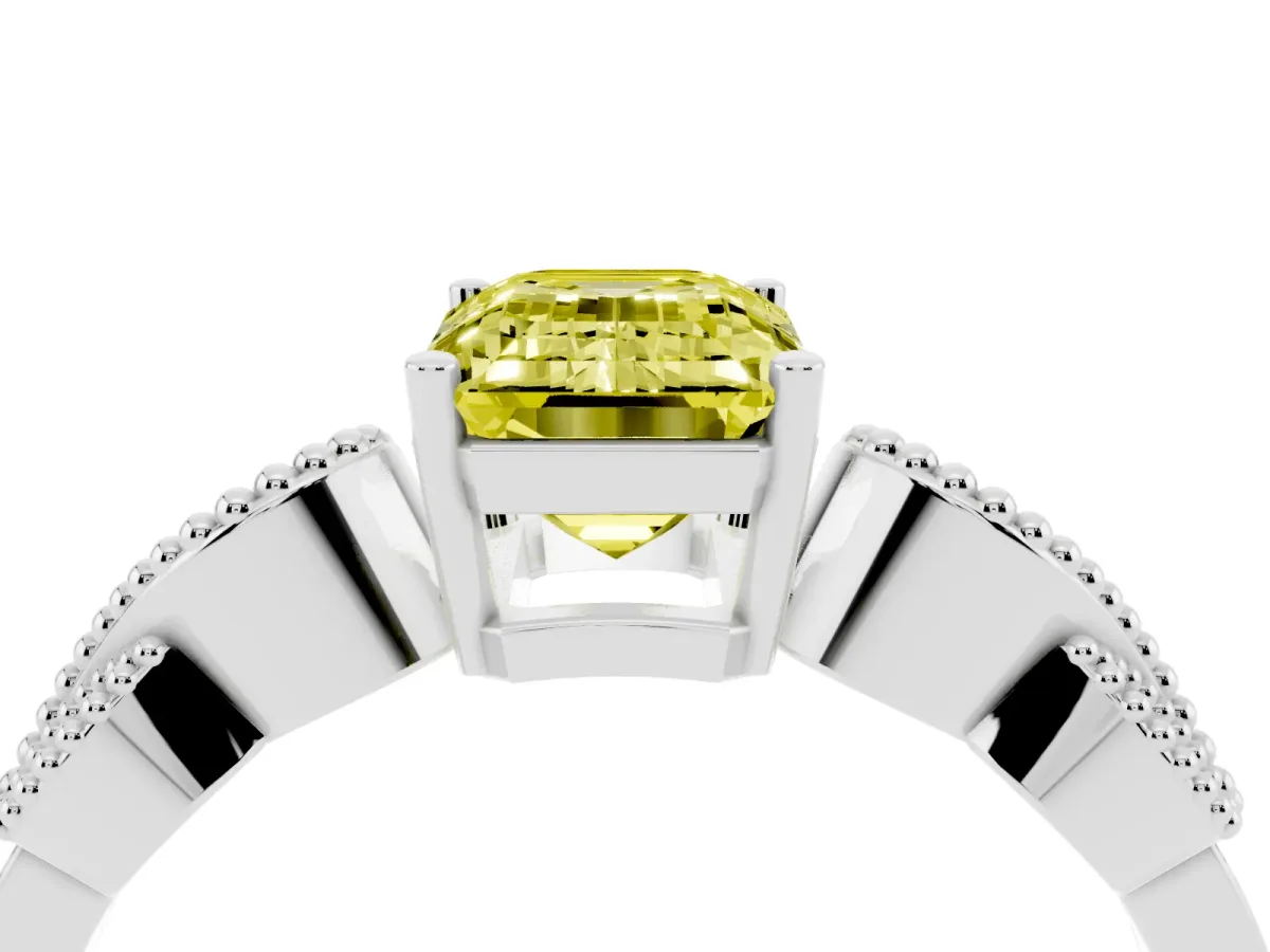 Fancy Yellow Emerald Cut Solitaire Milgrain Leaf Band with Prong Setting White gold