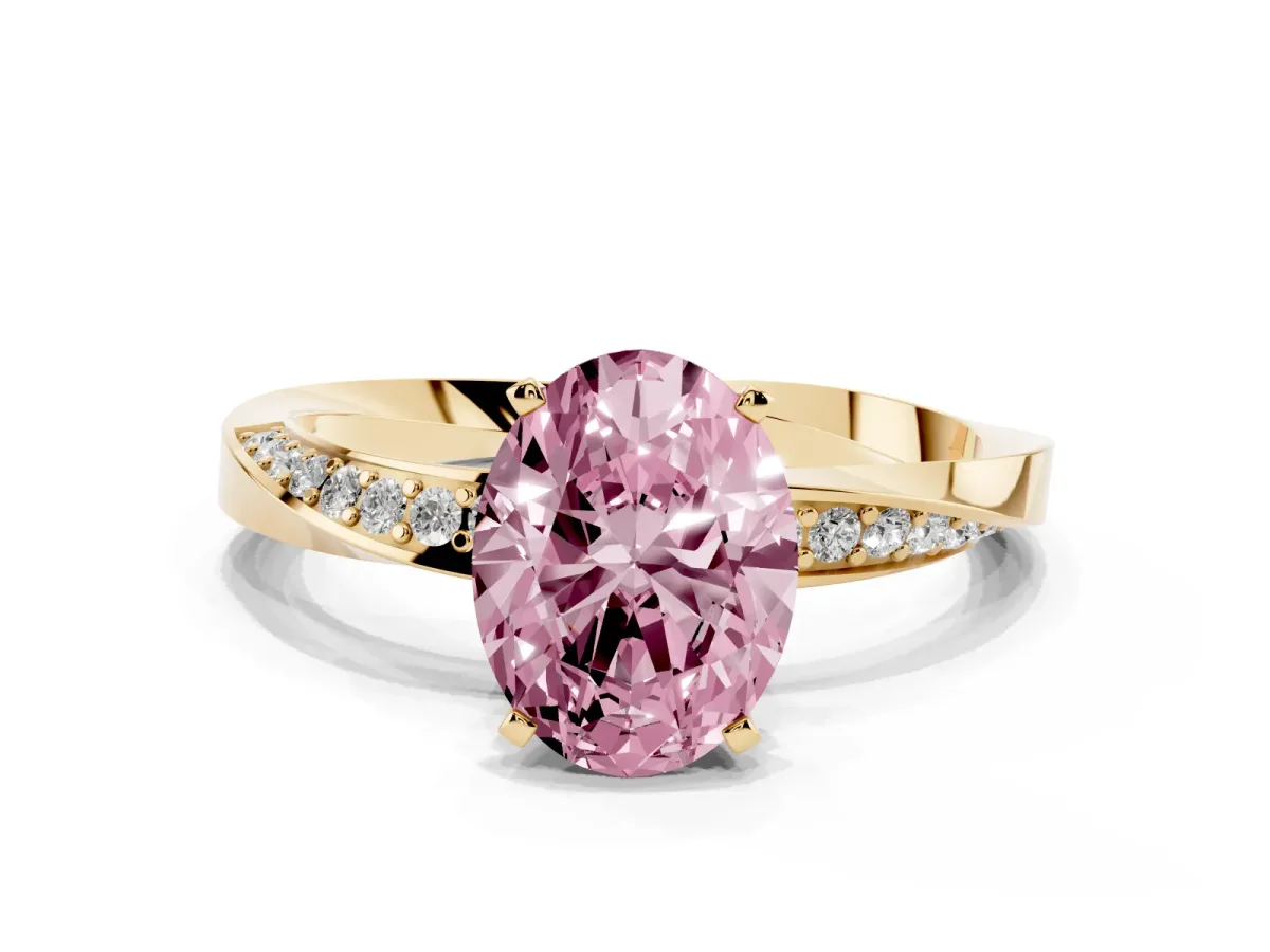 Fancy Pink Oval Cut Diamond Engagement Ring with Side Stone Accents and Four-Prong Setting Yellow gold