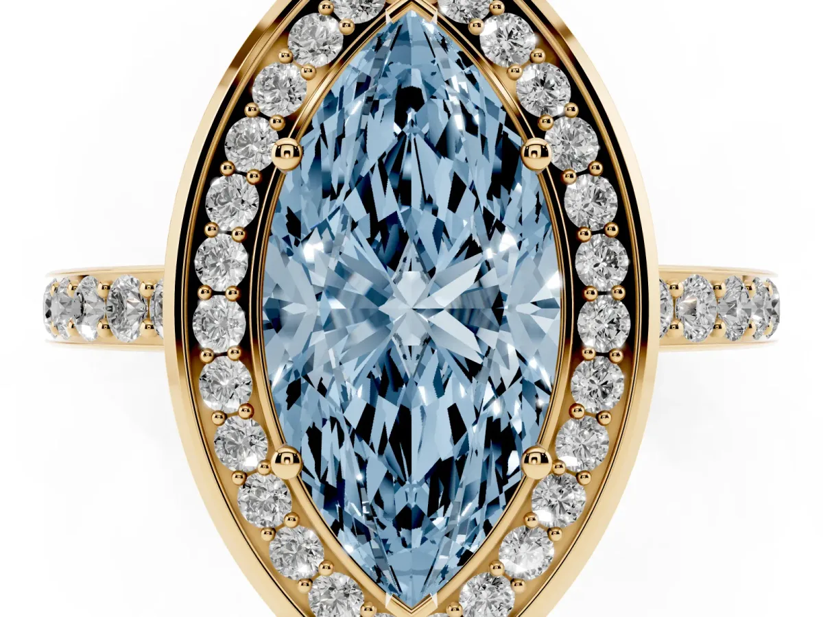 Fancy Blue Marquise Cut Diamond Halo Ring with Bezel Frame and Pavé Band Yellow gold