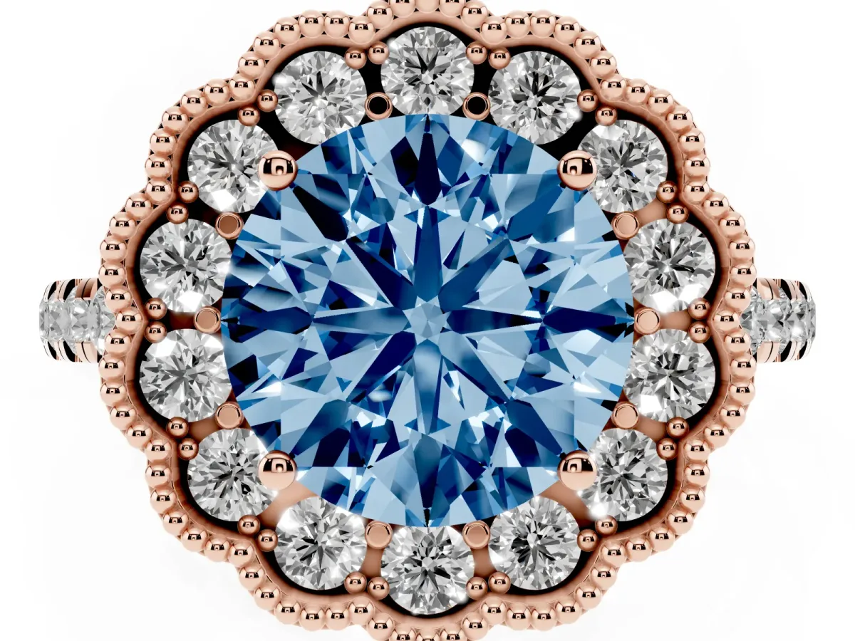 Fancy Blue Round Cut Cut Diamond Milgrain Floral Halo Engagement Ring with Pavé Band Rose gold