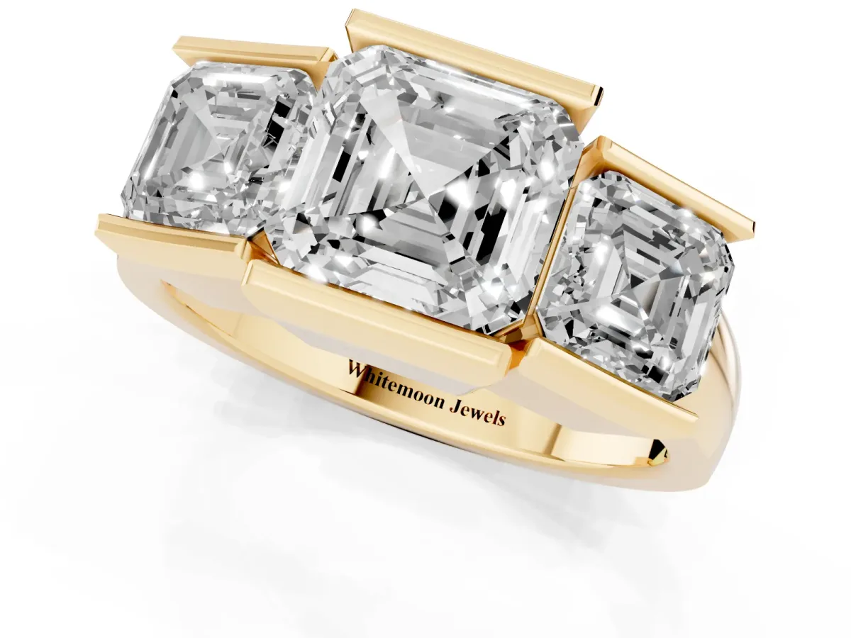Three Stone Asscher Cut Cut Channel Set Diamond Ring Yellow gold