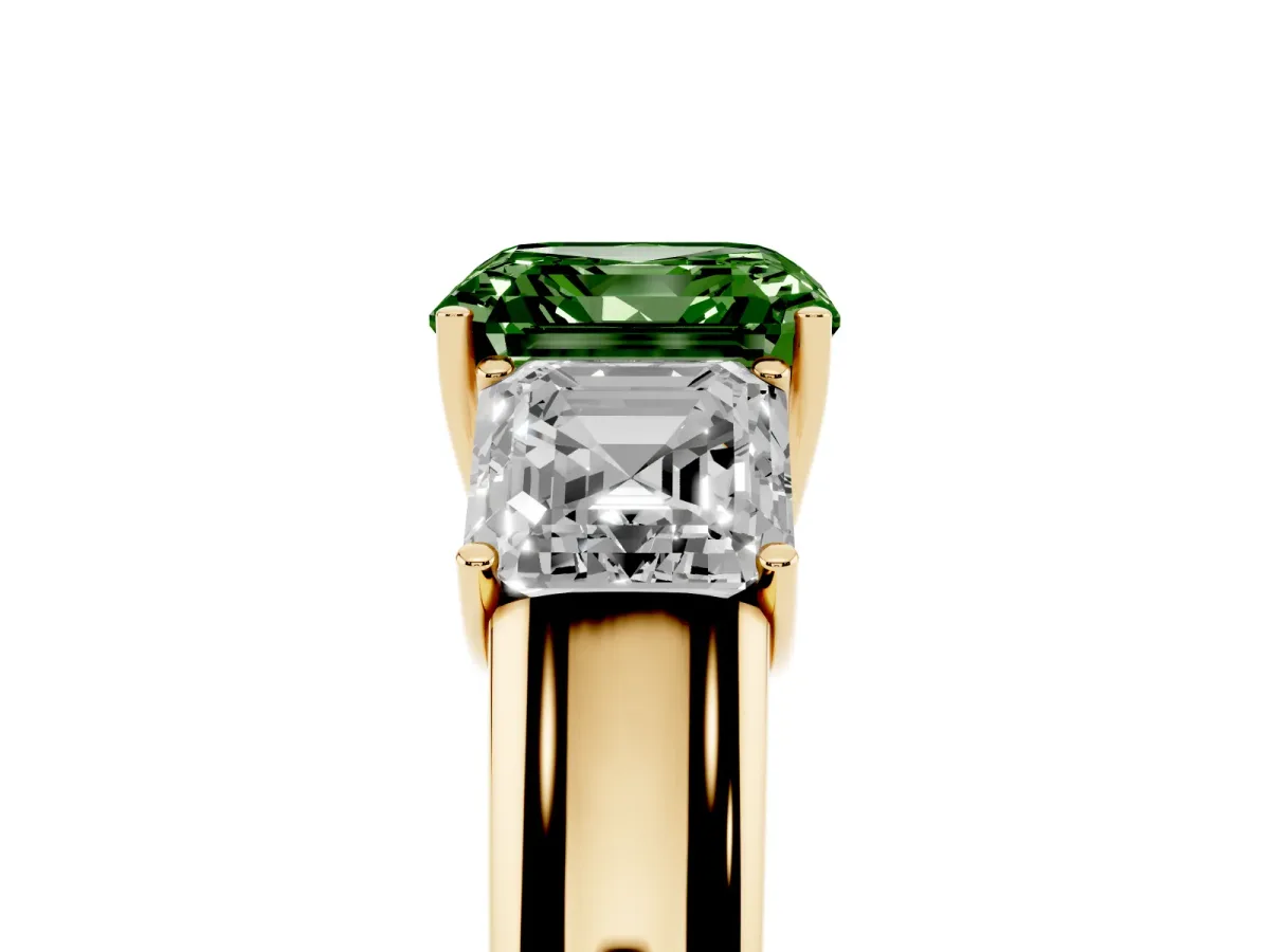 Fancy Green Three-Stone Asscher Cut Cut Diamond Ring with Prong Setting and Classic Band Yellow gold