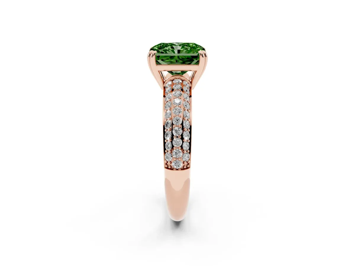 Fancy Green Radiant Cut Diamond Solitaire Ring with Multi-Row Round Pavé Band and Prong Setting Rose gold