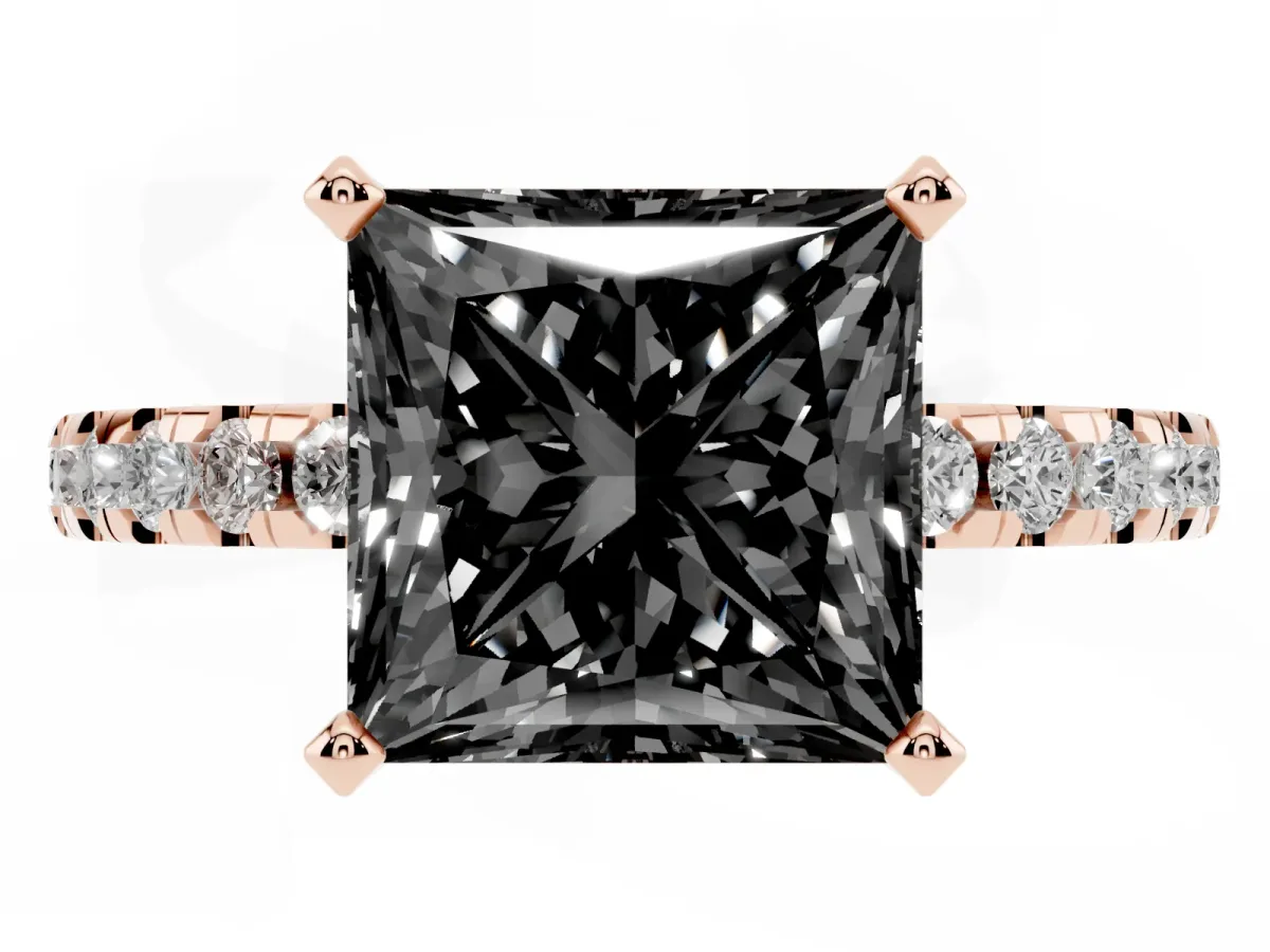 Fancy Black Princess Cut Diamond Solitaire Ring with Round Pavé Band and Four-Prong Setting Rose gold