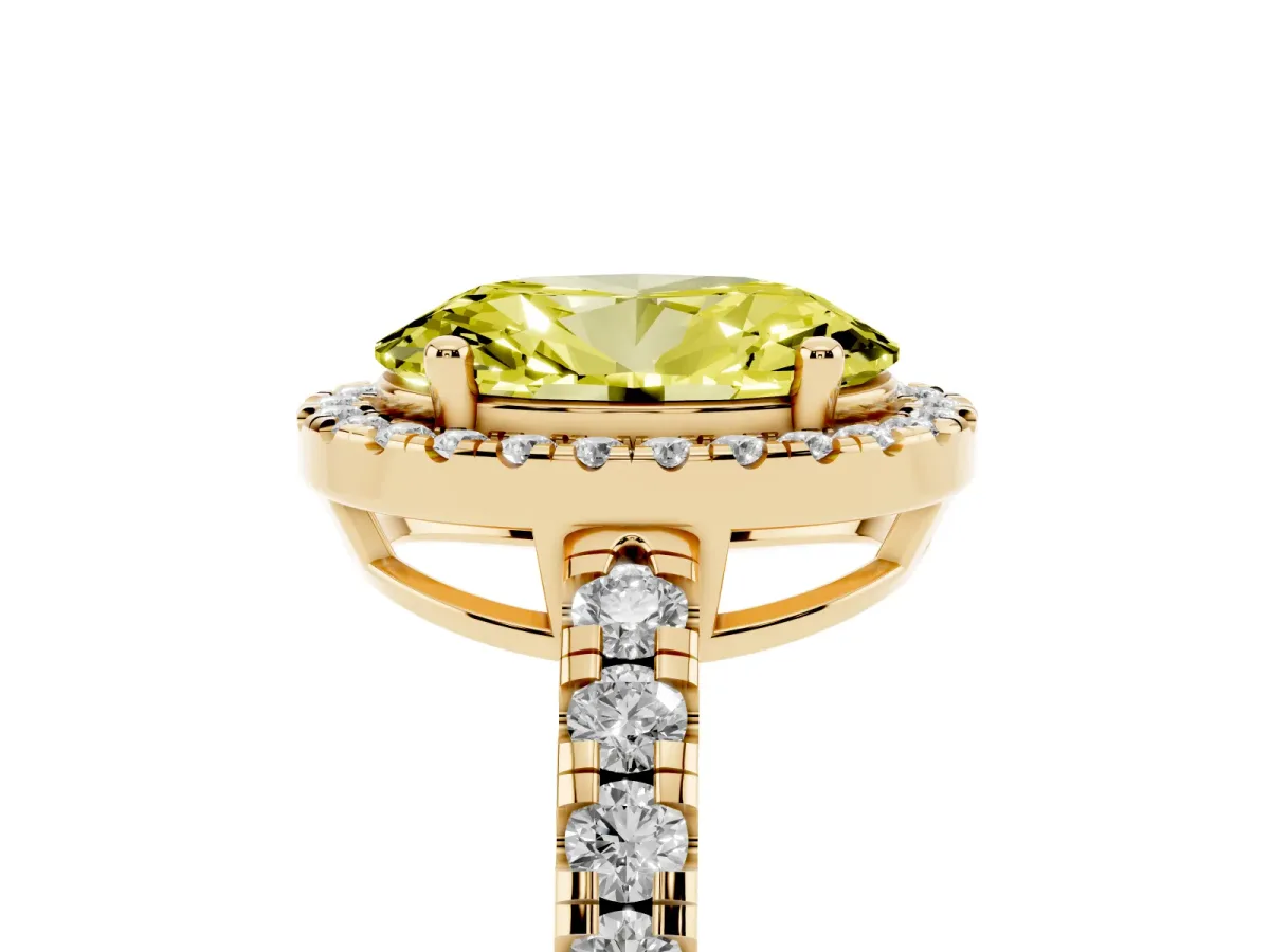Fancy Yellow Oval Cut Diamond Halo Ring with Pavé Band and Four-Prong Setting Yellow gold