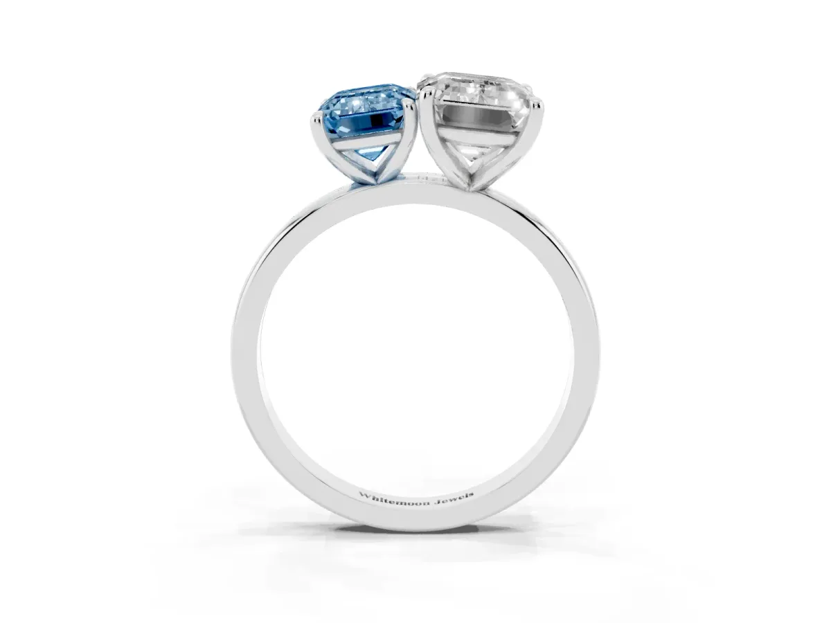 Fancy Blue Emerald Cut and Emerald Cut Toi Moi Ring with Prong Setting Silver