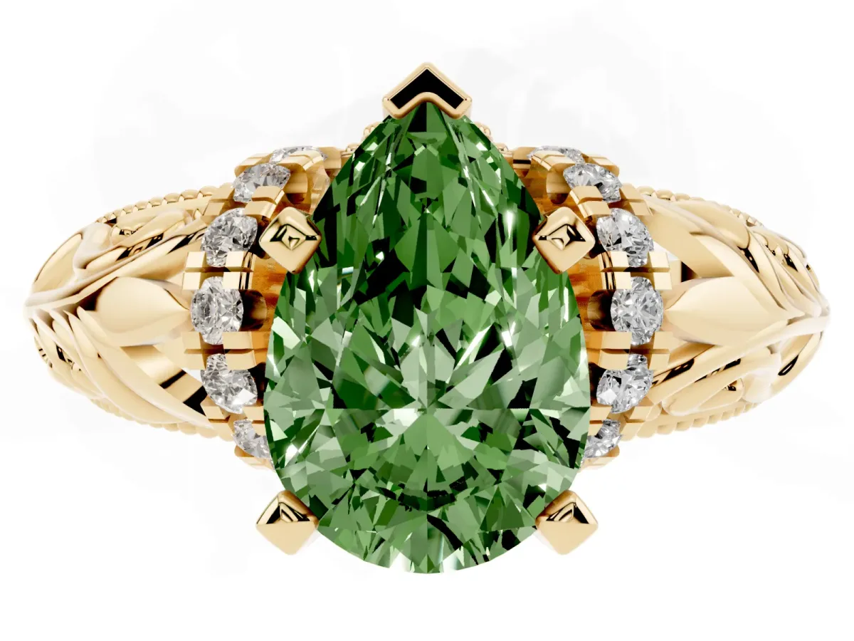 Fancy Green Pear Cut Solitaire Filigree Engagement Ring with Halo and Prong Setting Yellow gold