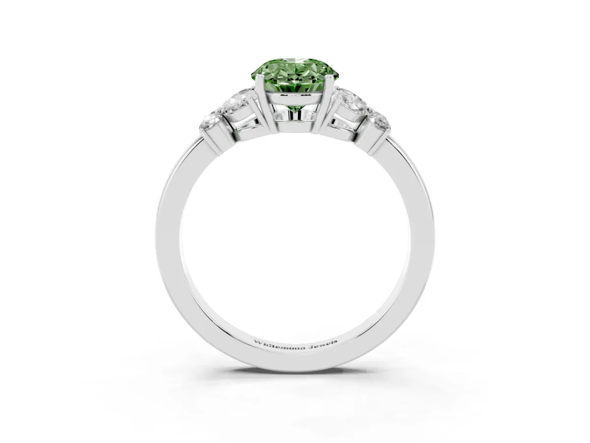Fancy Green Oval Cut Cut Solitaire Floral Diamond Ring with Four-Prong Setting Platinum