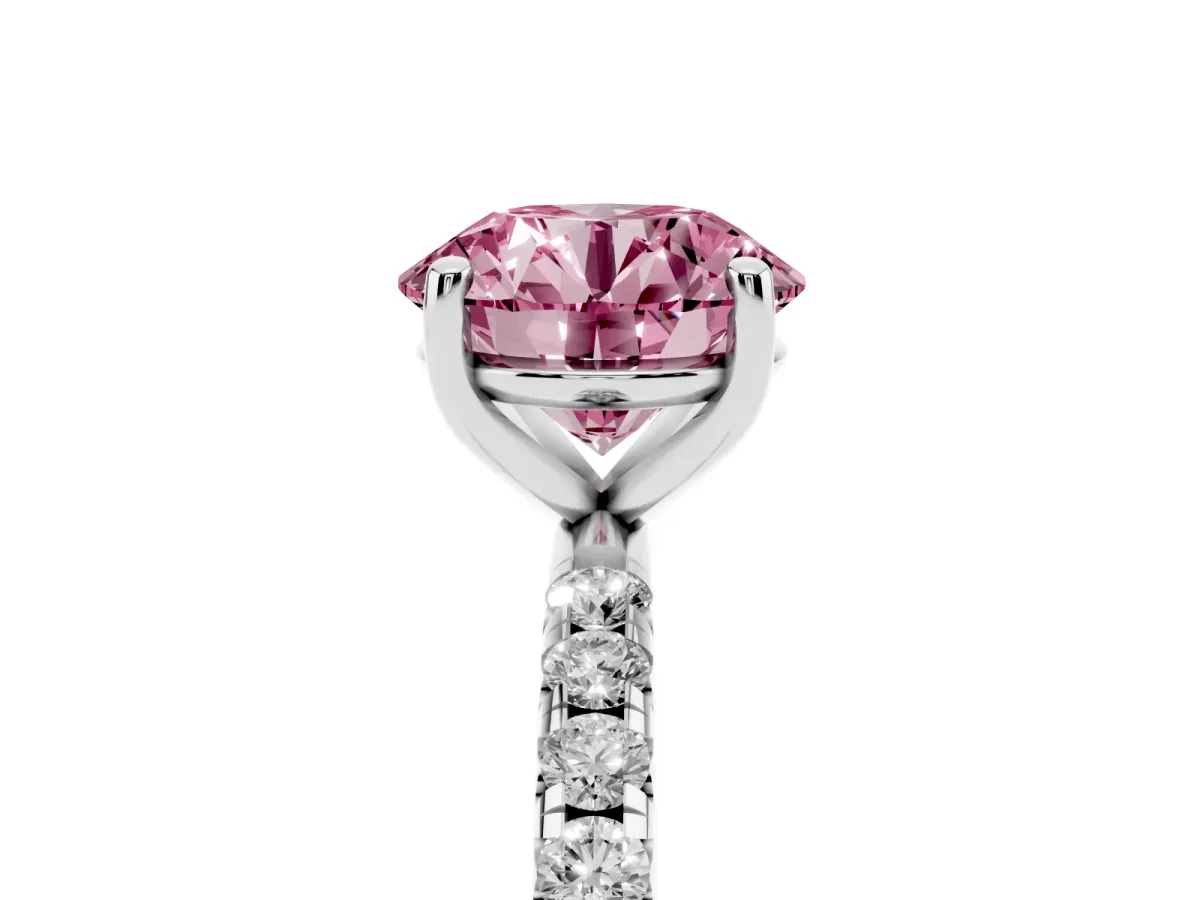 Fancy Pink Round Cut Cut Diamond Solitaire Ring with Micro Pave Band and Four Prong Setting Platinum