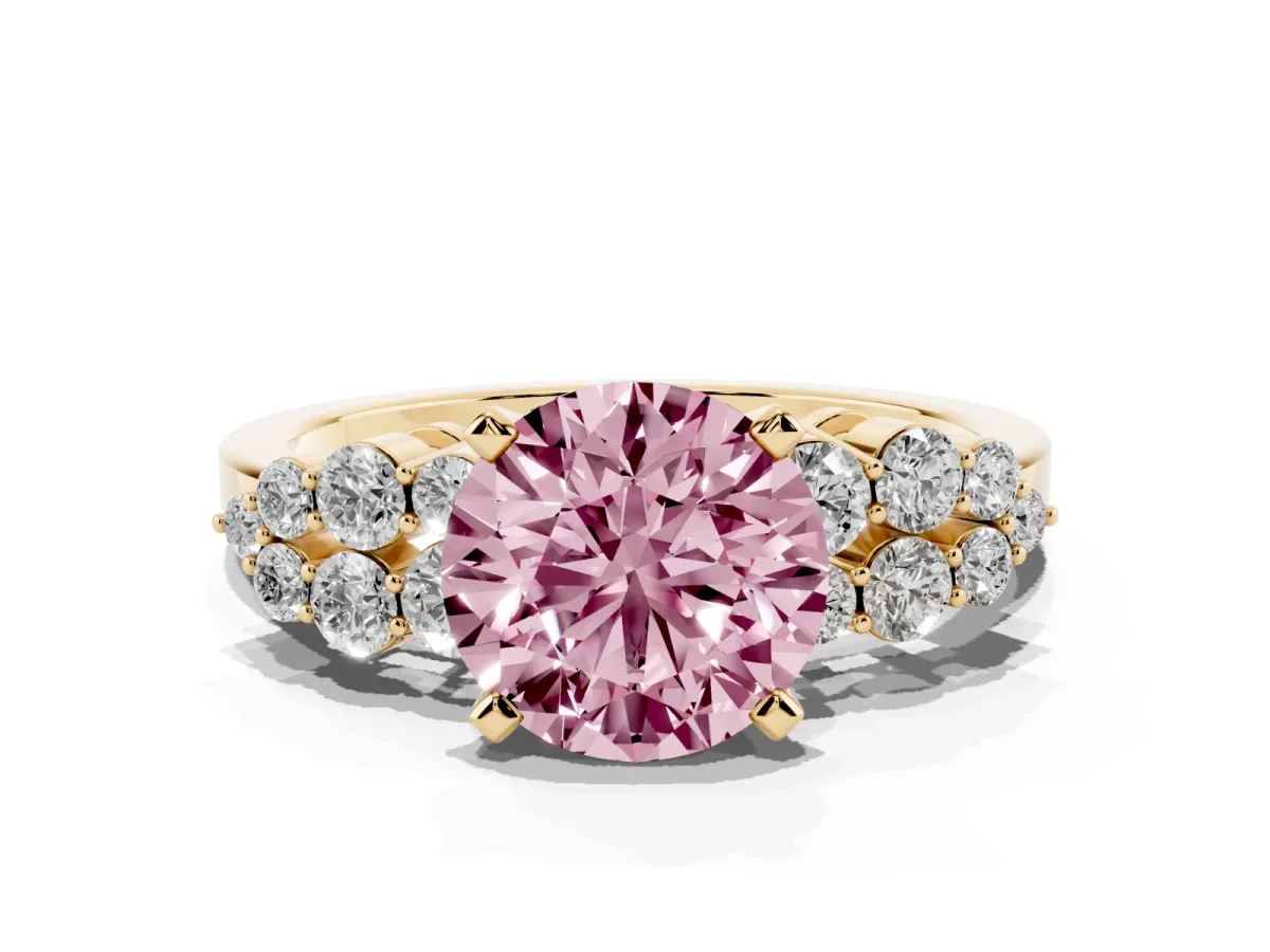 Fancy Pink Round Cut Cluster Diamond Engagement Ring with Pavé Band and Four-Prong Setting Yellow gold