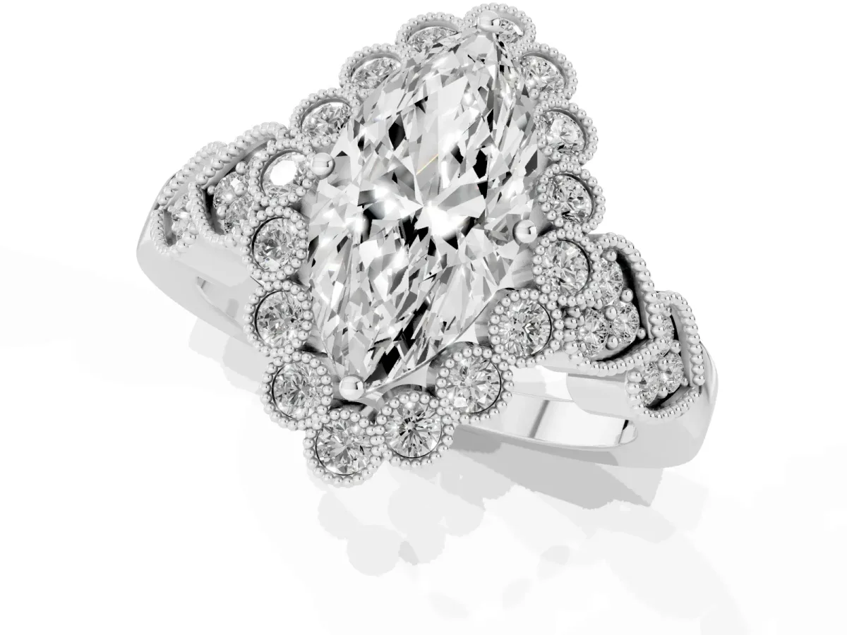 Marquise Cut Brilliant Milgrain Pave Heart Band Solitaire Ring Platinum