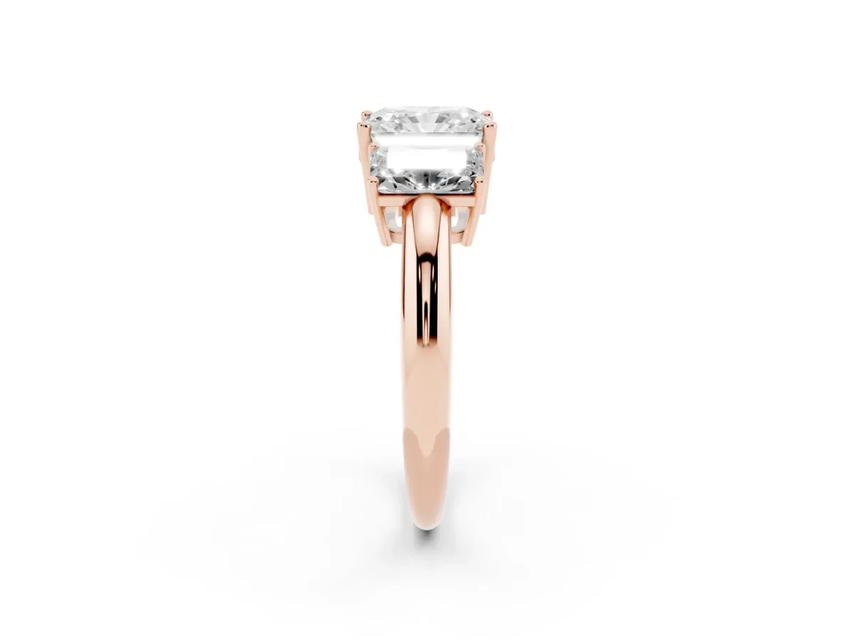 Three-Stone Radiant Cut Cut Diamond Engagement Ring with Prong Setting on a White Gold Band Rose gold