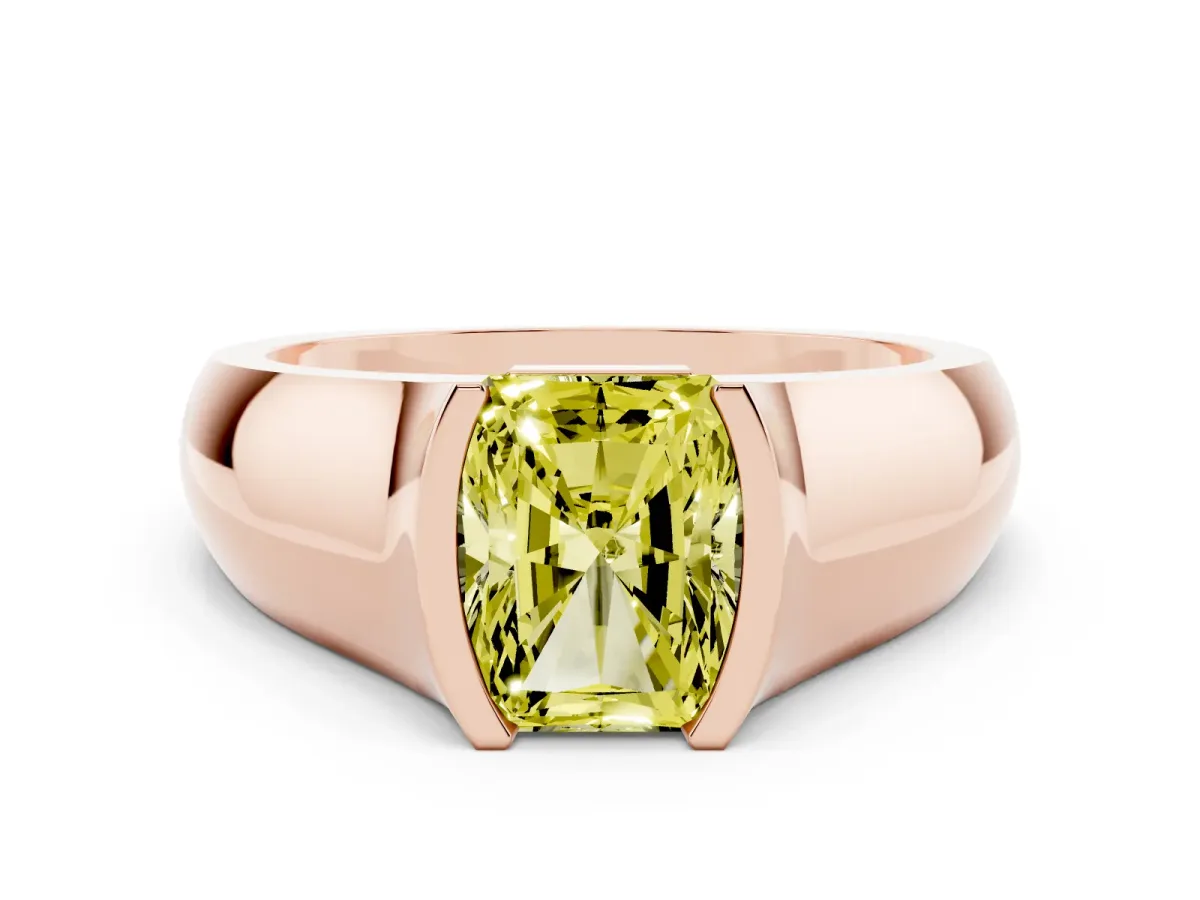 Fancy Yellow Radiant Cut Solitaire Bezel Set Diamond Ring with Wide Band Rose gold