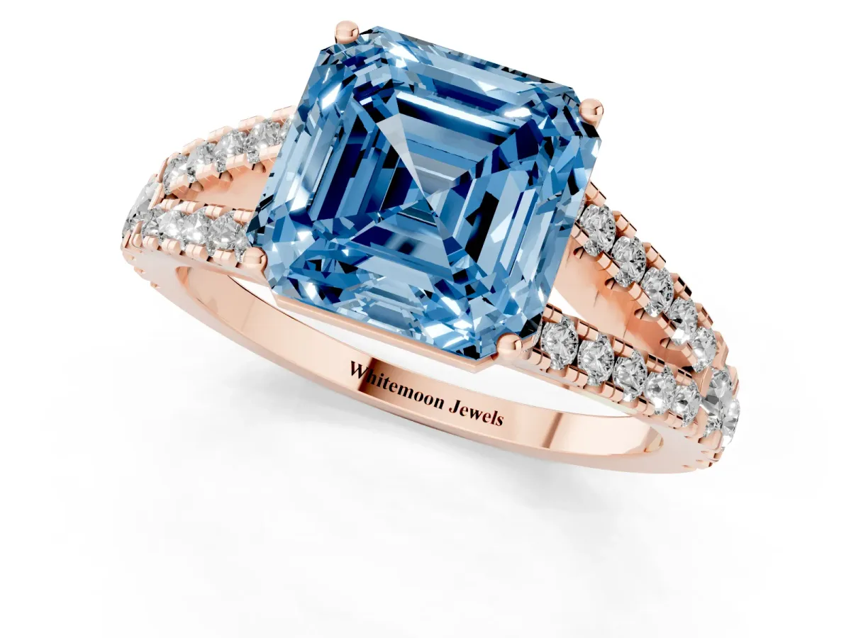 Fancy Blue Asscher Cut Diamond Split Shank Pavé Engagement Ring with Four-Prong Setting Rose gold