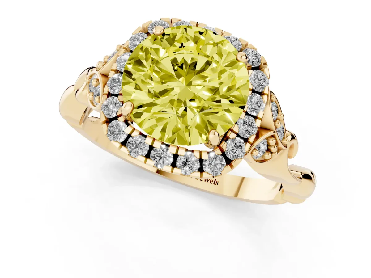 Fancy Yellow Round Cut Halo Diamond Engagement Ring with Vintage-Inspired Band and Four-Prong Setting Yellow gold