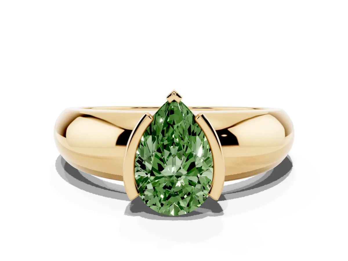 Fancy Green Pear Cut Solitaire Tension Set Diamond Ring with Wide Band Yellow gold