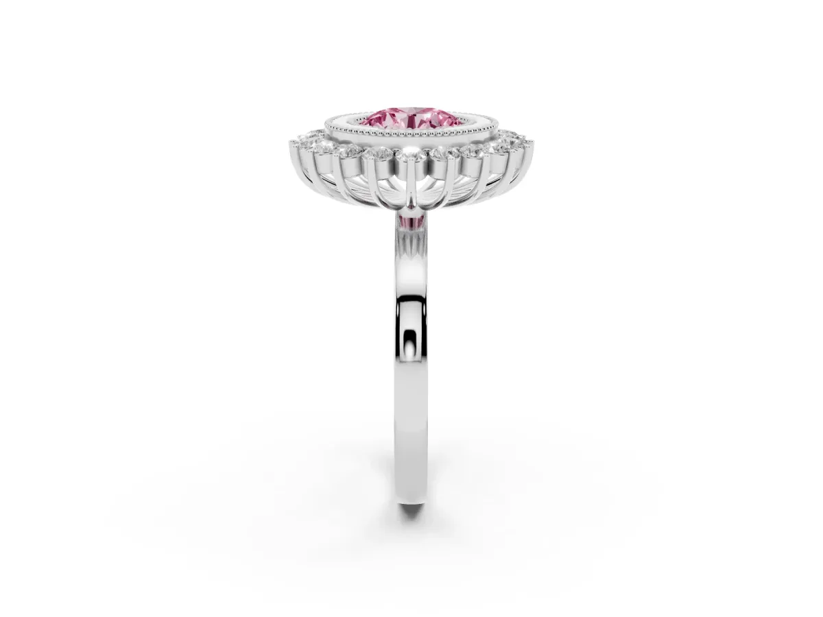 Fancy Pink Round Cut Halo Diamond Ring with Milgrain Edge and Round Prong Setting Silver