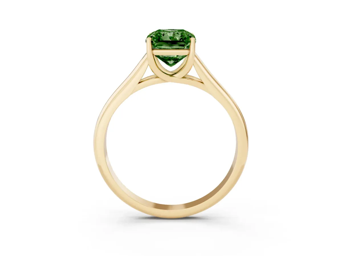 Fancy Green Radiant Cut Solitaire Engagement Ring with Tapered Band and Four-Prong Setting Yellow gold