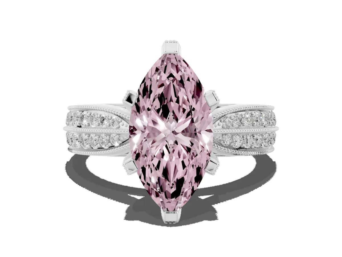 Fancy Pink Marquise Cut Diamond Solitaire Ring with Milgrain Round Pavé Band and Prong Setting Platinum