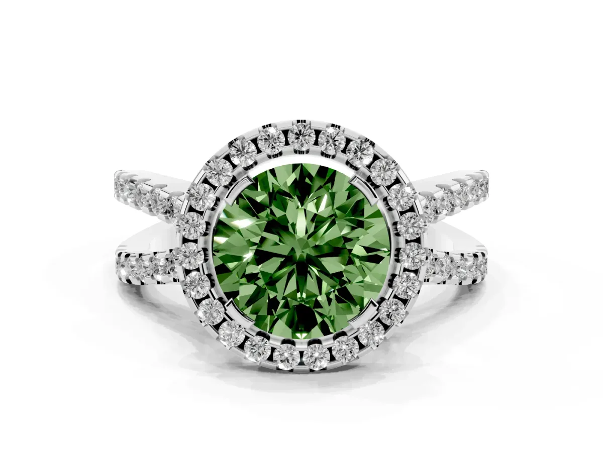 Fancy Green Round Cut Diamond Halo Ring with Split Shank Pavé Band and Prong Setting Silver