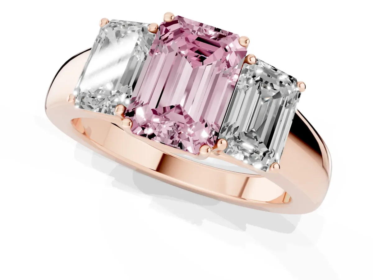 Fancy Pink Three-Stone Emerald Cut Cut Diamond Ring with Prong Setting and Classic Band Rose gold