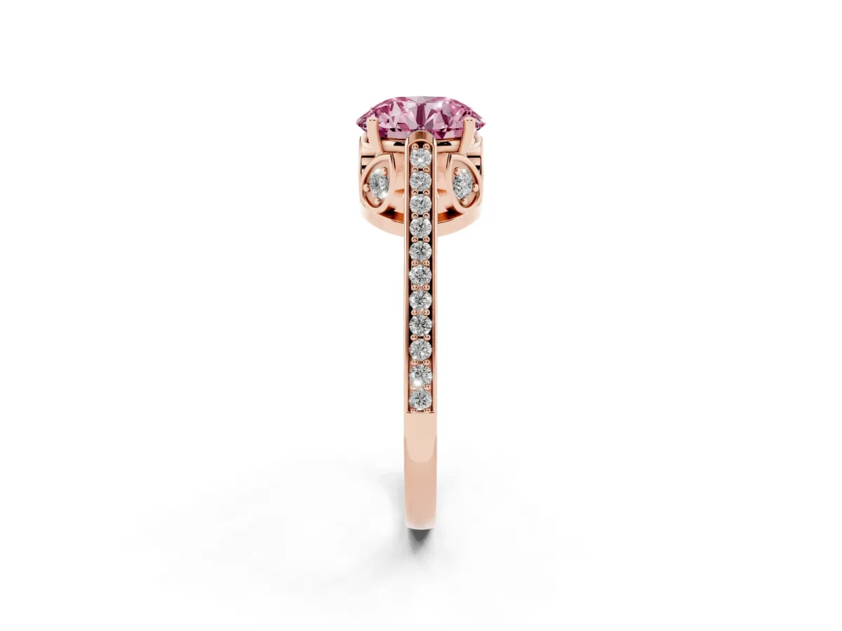 Fancy Pink Round Cut Cut Cathedral Pave Diamond Engagement Ring with Six-Prong Setting Rose gold