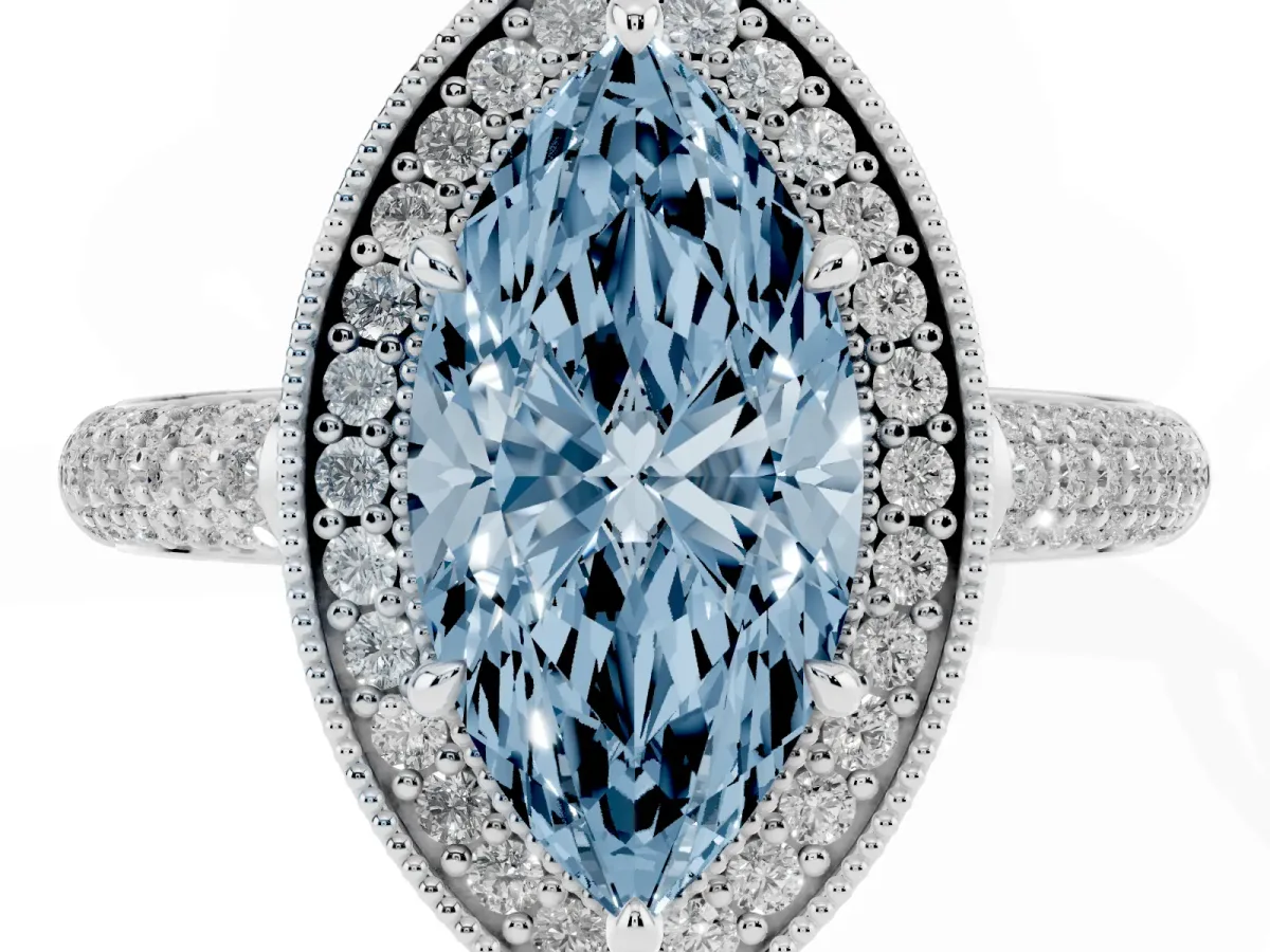 Fancy Blue Marquise Cut Cut Halo Diamond Pave Band with Four-Prong Setting Silver