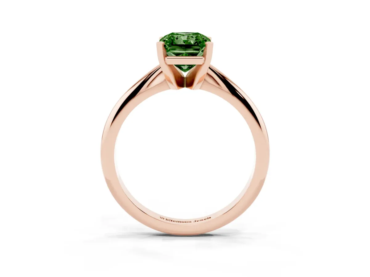 Fancy Green Radiant Cut Cut Solitaire Ring with Four-Prong Setting on a Classic Band Rose gold