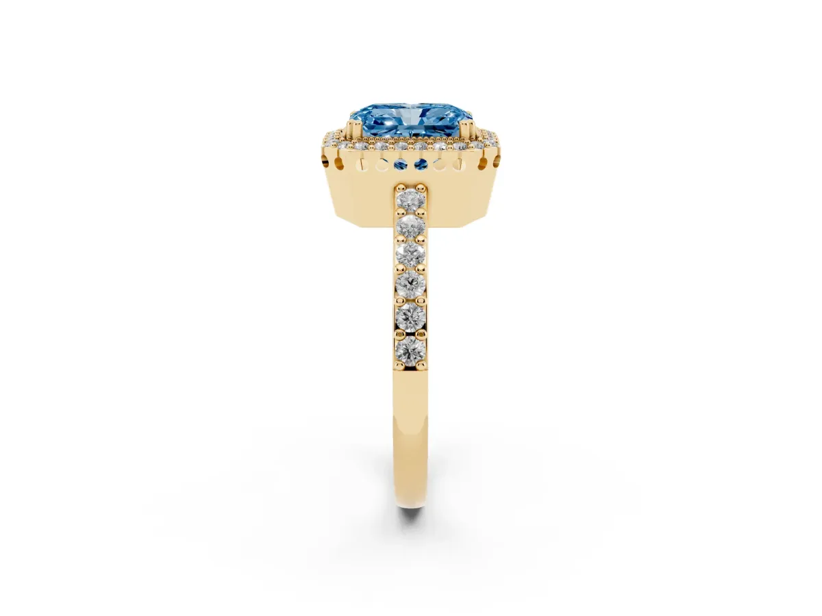 Fancy Blue Radiant Cut Cut Diamond Halo Engagement Ring with Milgrain Detail and Pavé Band Yellow gold