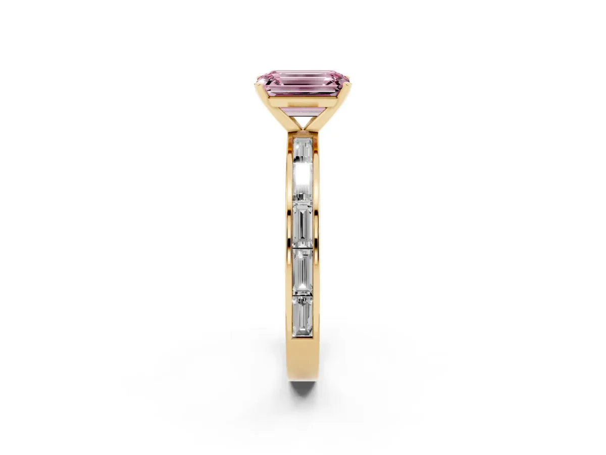 Fancy Pink Emerald Cut Solitaire Diamond Ring with Channel-Set Baguette Band and Four-Prong Setting Yellow gold