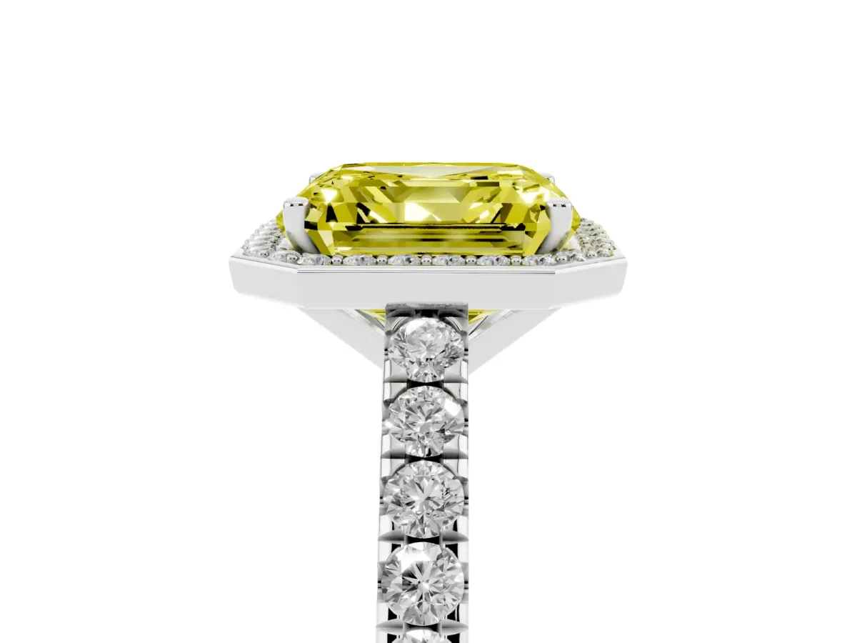 Fancy Yellow Asscher Cut Cut Halo Diamond Engagement Ring with Pave Band and Four-Prong Setting Platinum