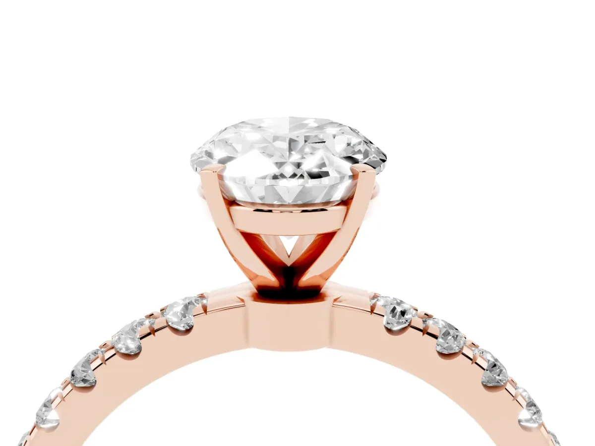 Oval Cut Diamond Solitaire Ring with Pavé Accents and Four-Prong Setting Rose gold